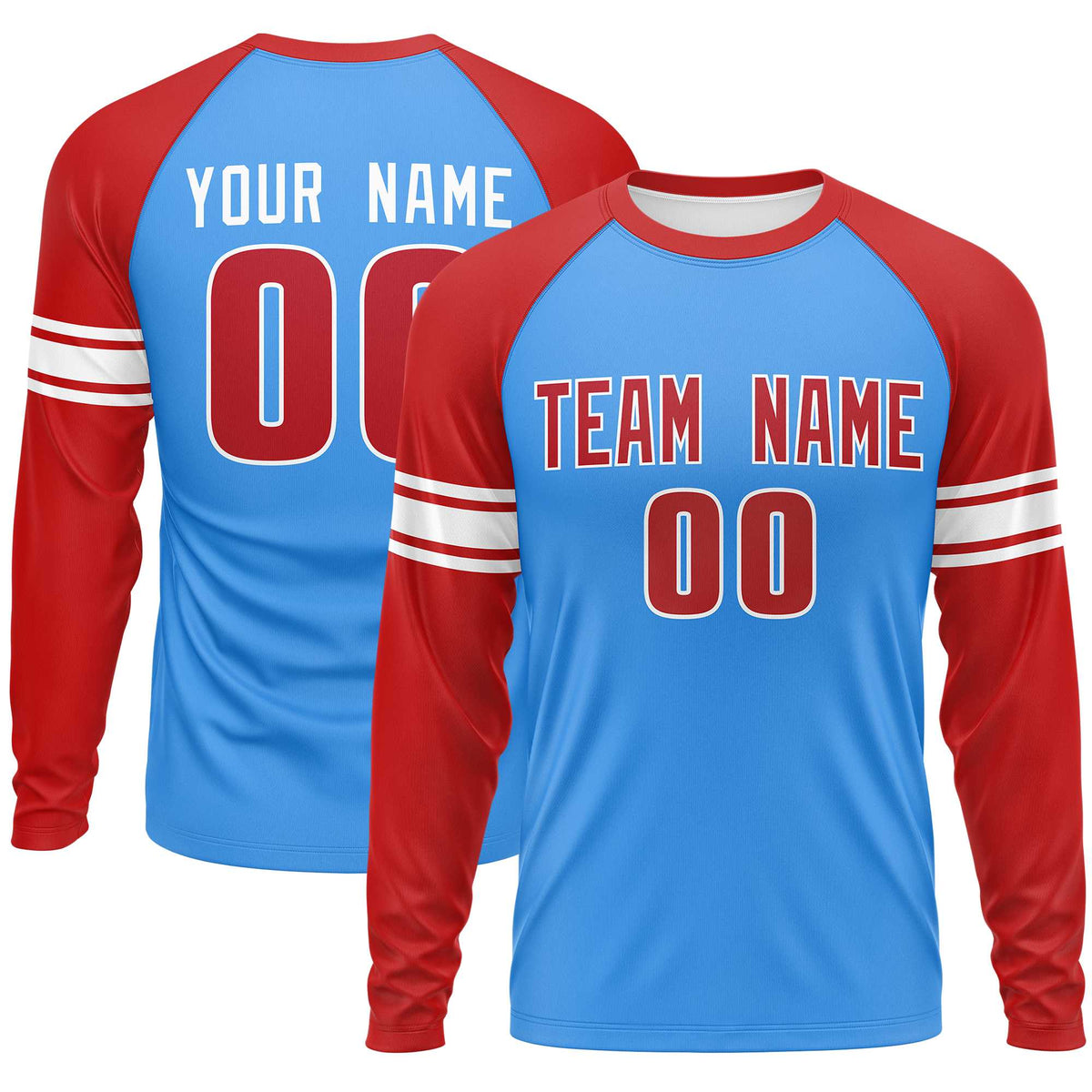 Custom Powder Blue Red White Crew Neck Personalized Raglan Long Sleeve Performance T-shirt | KXKSHOP