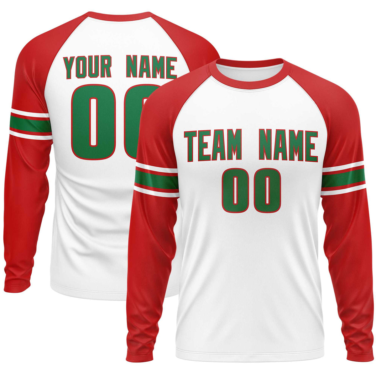 Custom White Red Kelly Green Crew Neck Personalized Raglan Long Sleeve Performance T-shirt | KXKSHOP