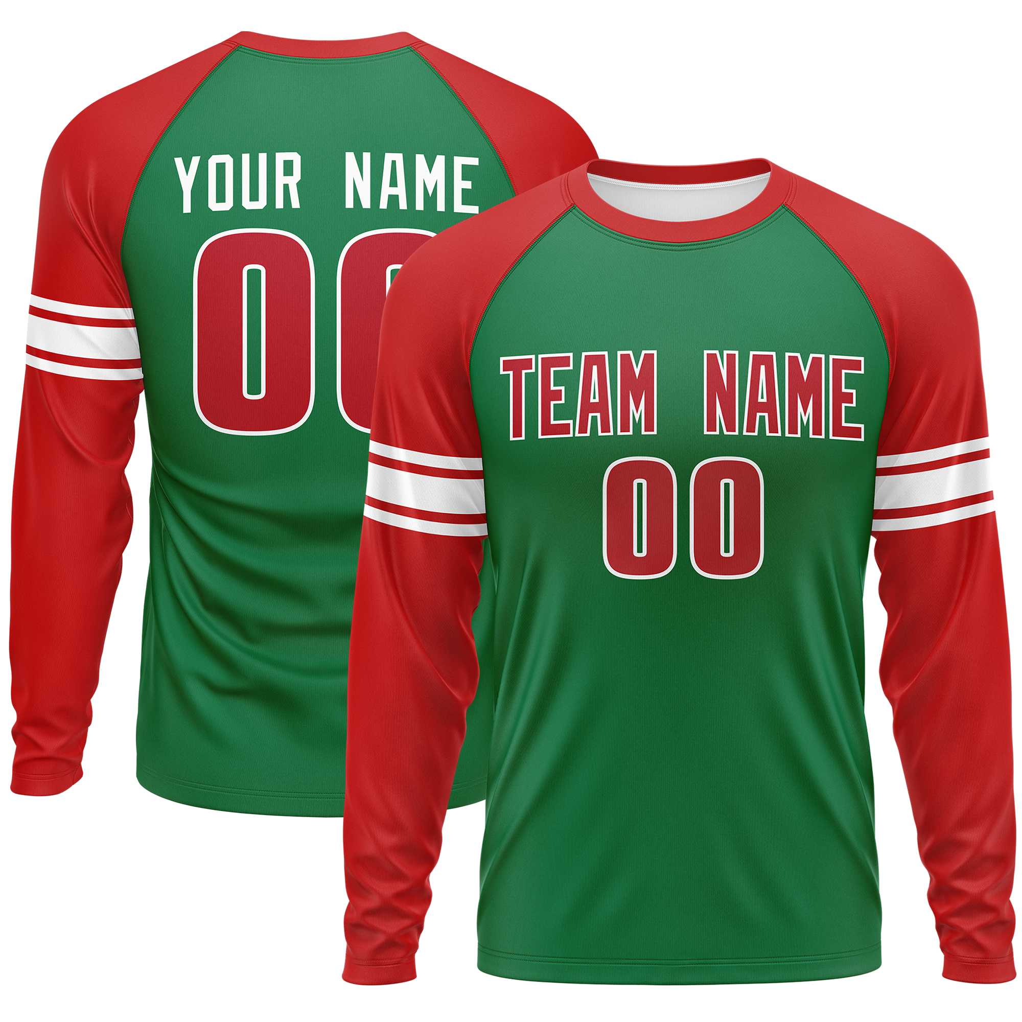 Custom Kelly Green Red White Crew Neck Personalized Raglan Long Sleeve Performance T-shirt | KXKSHOP