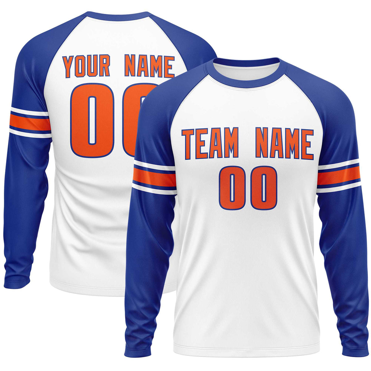 Custom White Royal Orange Crew Neck Personalized Raglan Long Sleeve Performance T-shirt | KXKSHOP