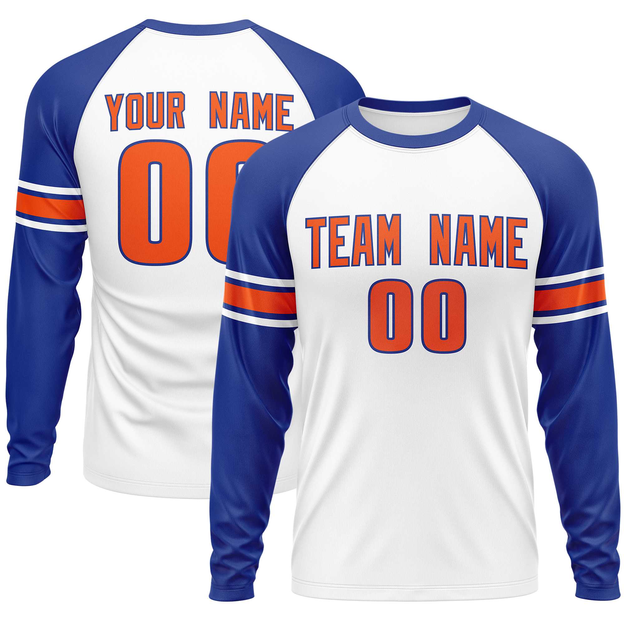 Custom White Royal Orange Crew Neck Personalized Raglan Long Sleeve Performance T-shirt | KXKSHOP