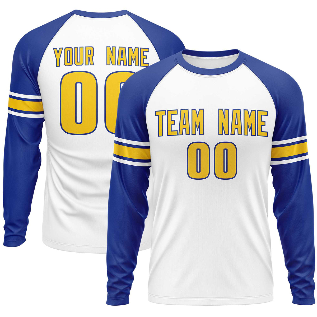 Custom White Royal Gold Crew Neck Personalized Raglan Long Sleeve Performance T-shirt | KXKSHOP