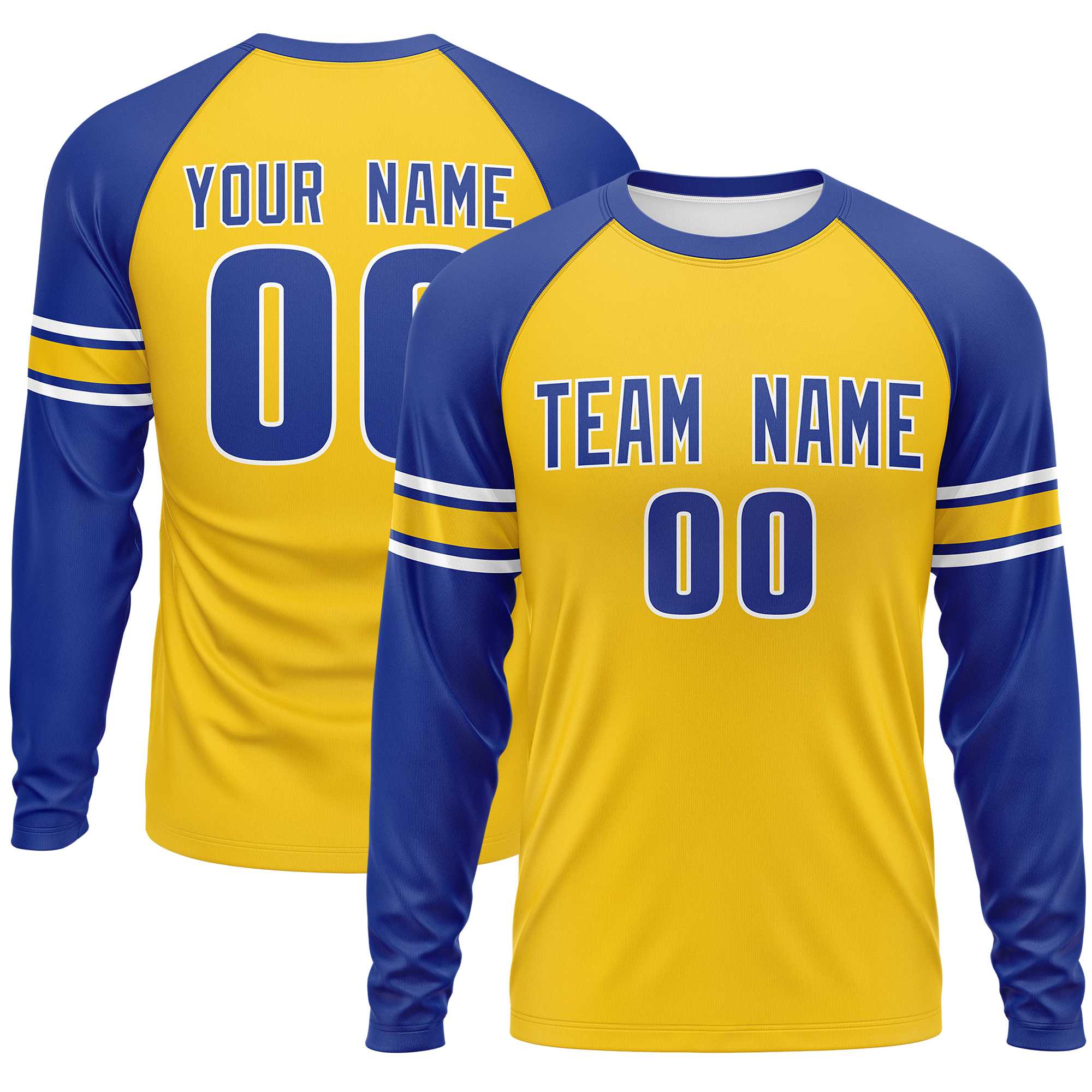 Custom Gold Royal Gold Crew Neck Personalized Raglan Long Sleeve Performance T-shirt | KXKSHOP