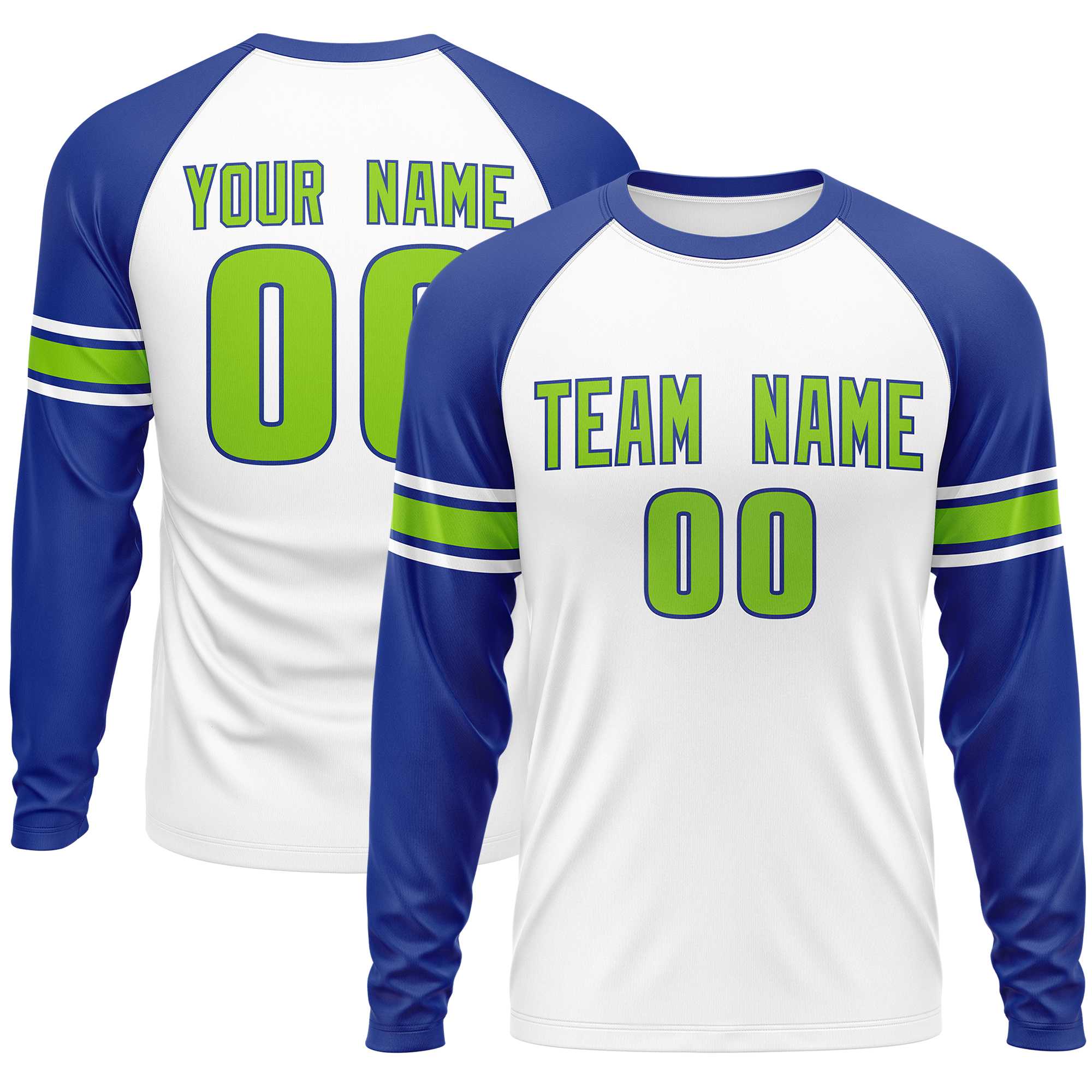 Custom White Royal Neon Green Crew Neck Personalized Raglan Long Sleeve Performance T-shirt | KXKSHOP