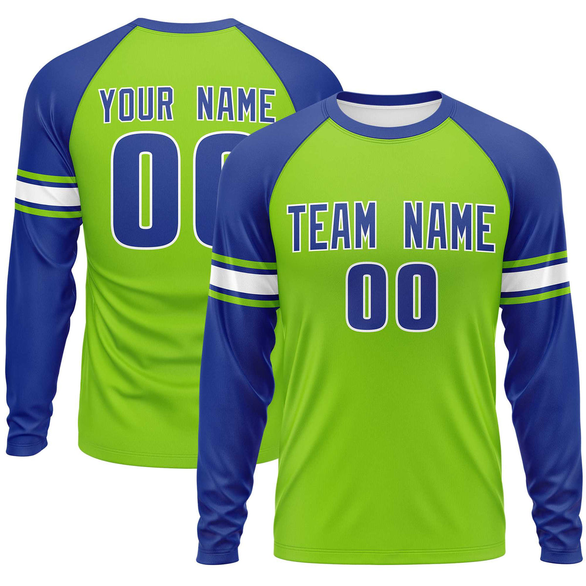 Custom Neon Green Royal White Crew Neck Personalized Raglan Long Sleeve Performance T-shirt | KXKSHOP