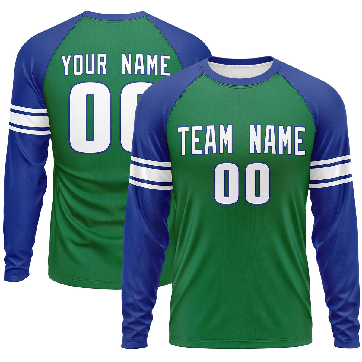 Custom Kelly Green Royal White Crew Neck Personalized Raglan Long Sleeve Performance T-shirt | KXKSHOP