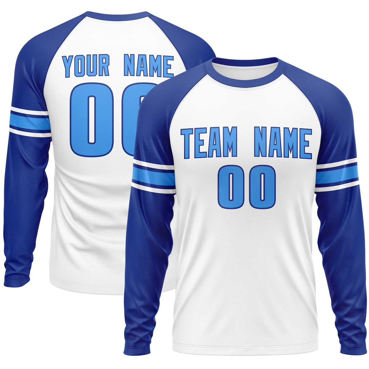 Custom White Royal Powder Blue Crew Neck Personalized Raglan Long Sleeve Performance T-shirt | KXKSHOP