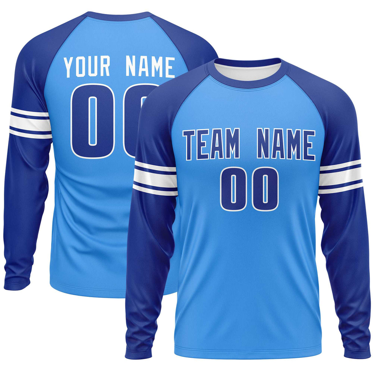 Custom Powder Blue Royal White Crew Neck Personalized Raglan Long Sleeve Performance T-shirt | KXKSHOP