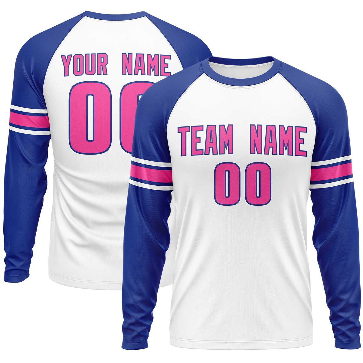 Custom White Royal Pink Crew Neck Personalized Raglan Long Sleeve Performance T-shirt | KXKSHOP
