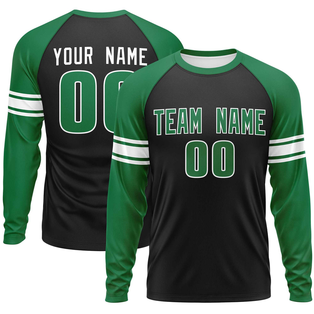 Custom Black Kelly Green White Crew Neck Personalized Raglan Long Sleeve Performance T-shirt | KXKSHOP