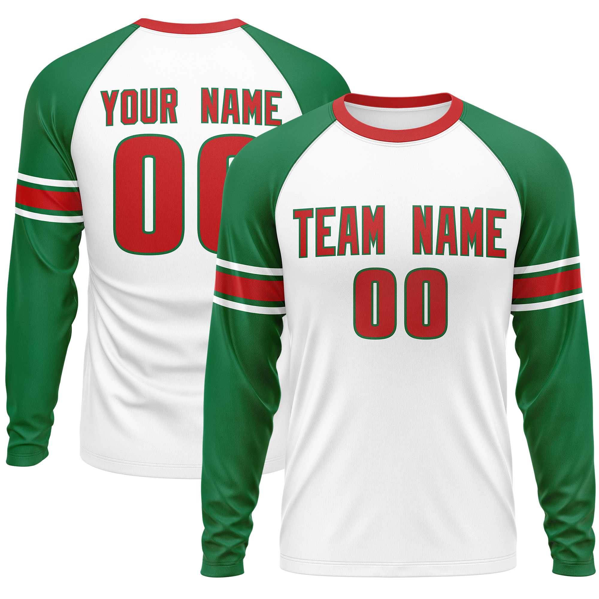 Custom White Kelly Green Red Crew Neck Personalized Raglan Long Sleeve Performance T-shirt | KXKSHOP