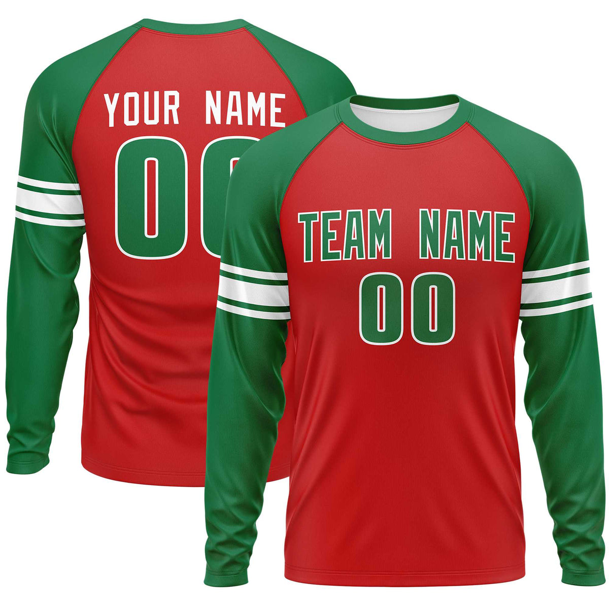 Custom Red Kelly Green White Crew Neck Personalized Raglan Long Sleeve Performance T-shirt | KXKSHOP