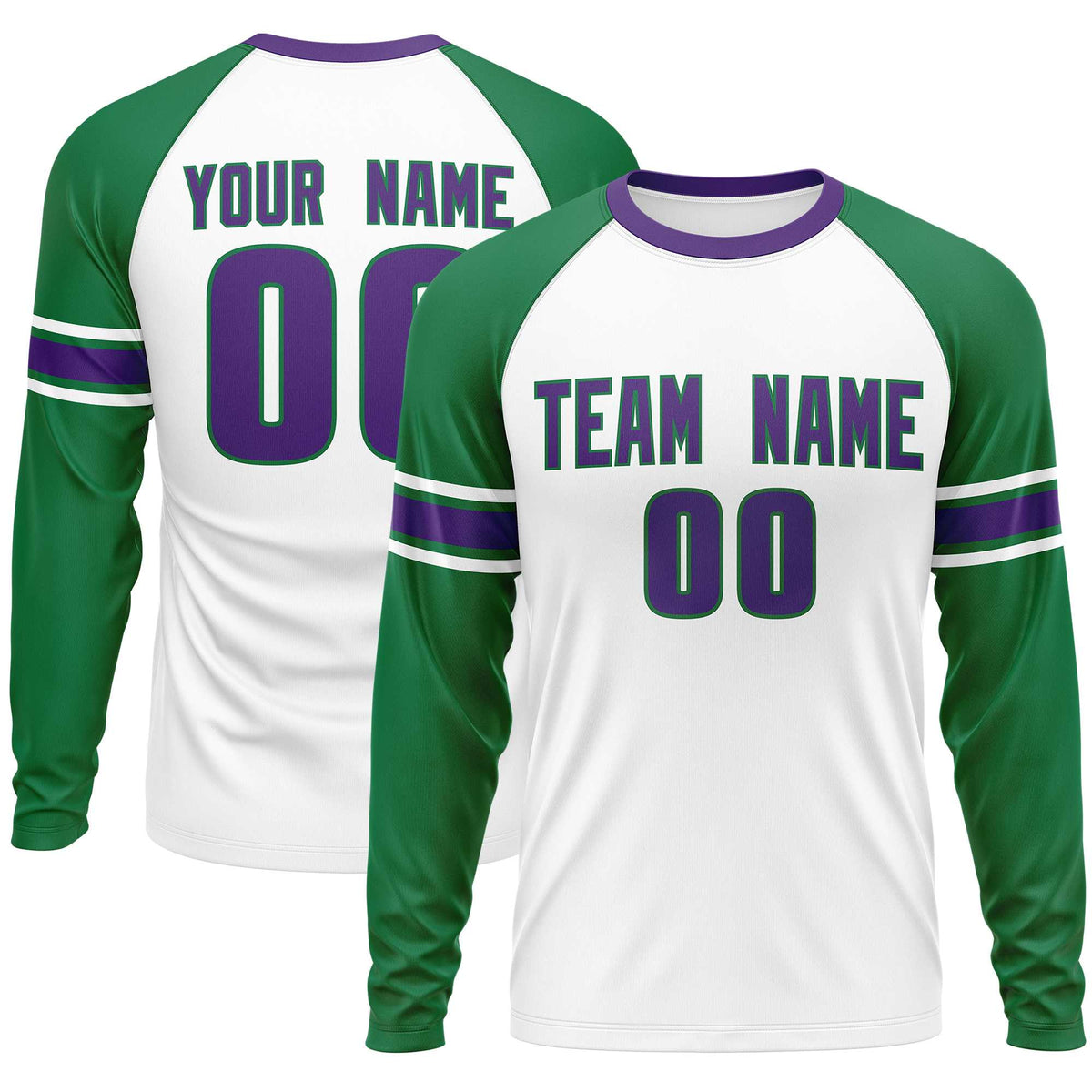Custom White Kelly Green Purple Crew Neck Personalized Raglan Long Sleeve Performance T-shirt | KXKSHOP