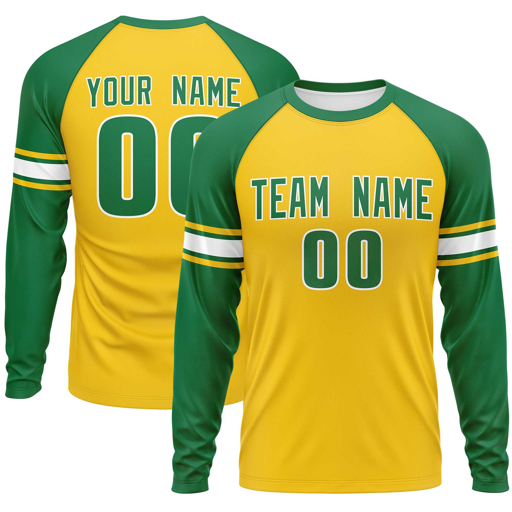 Custom Gold Kelly Green White Crew Neck Personalized Raglan Long Sleeve Performance T-shirt | KXKSHOP