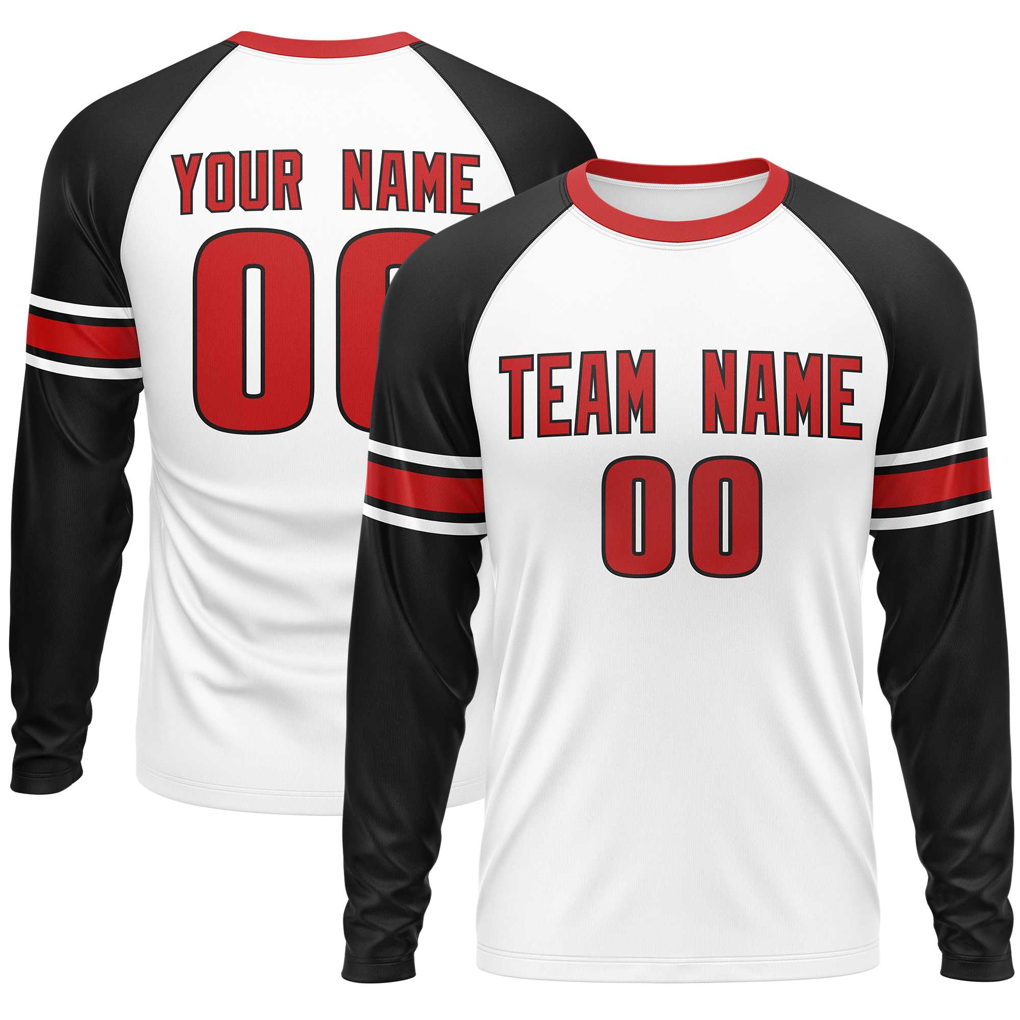Custom White Black Red Crew Neck Personalized Raglan Long Sleeve Performance T-shirt | KXKSHOP
