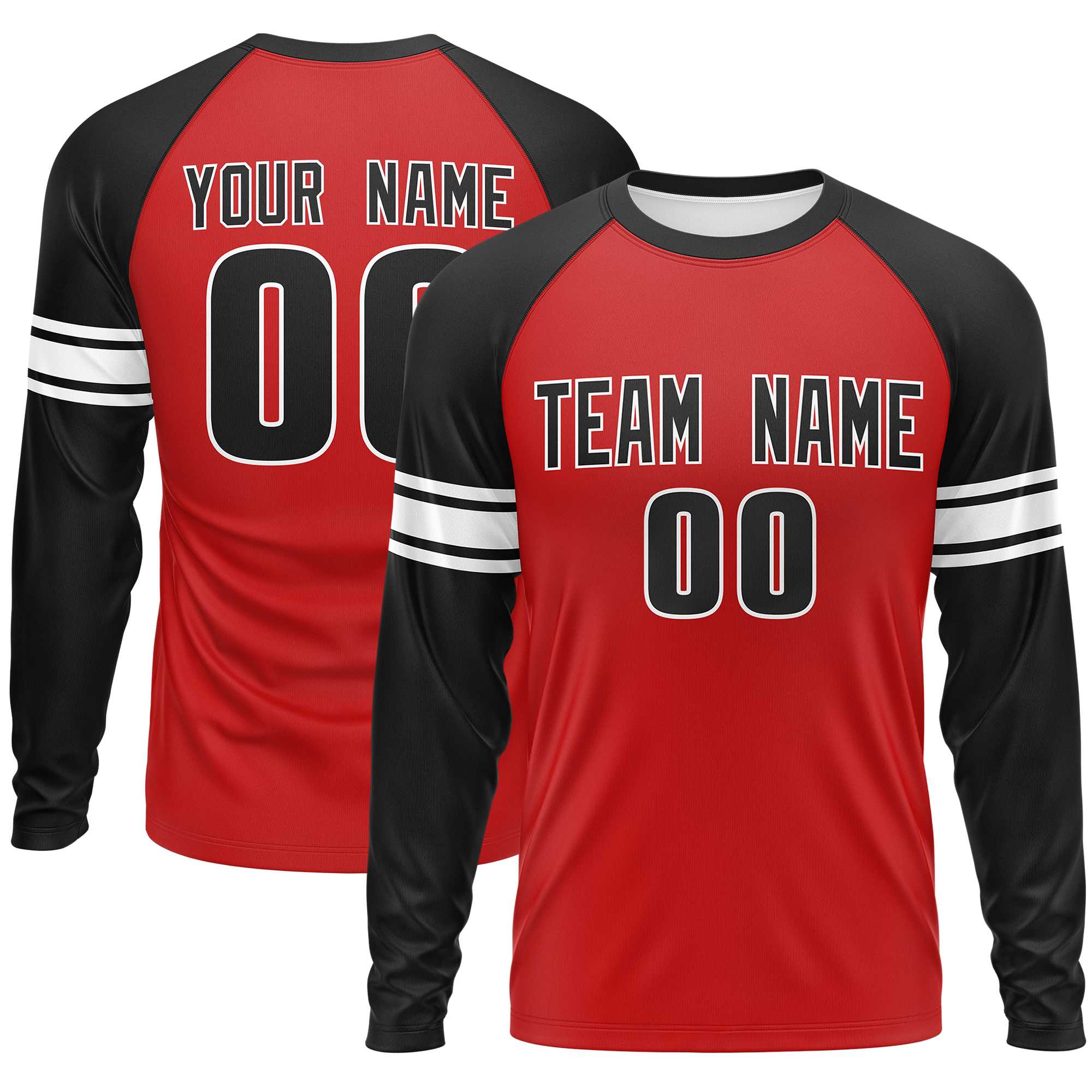 Custom Red Black White Crew Neck Personalized Raglan Long Sleeve Performance T-shirt | KXKSHOP