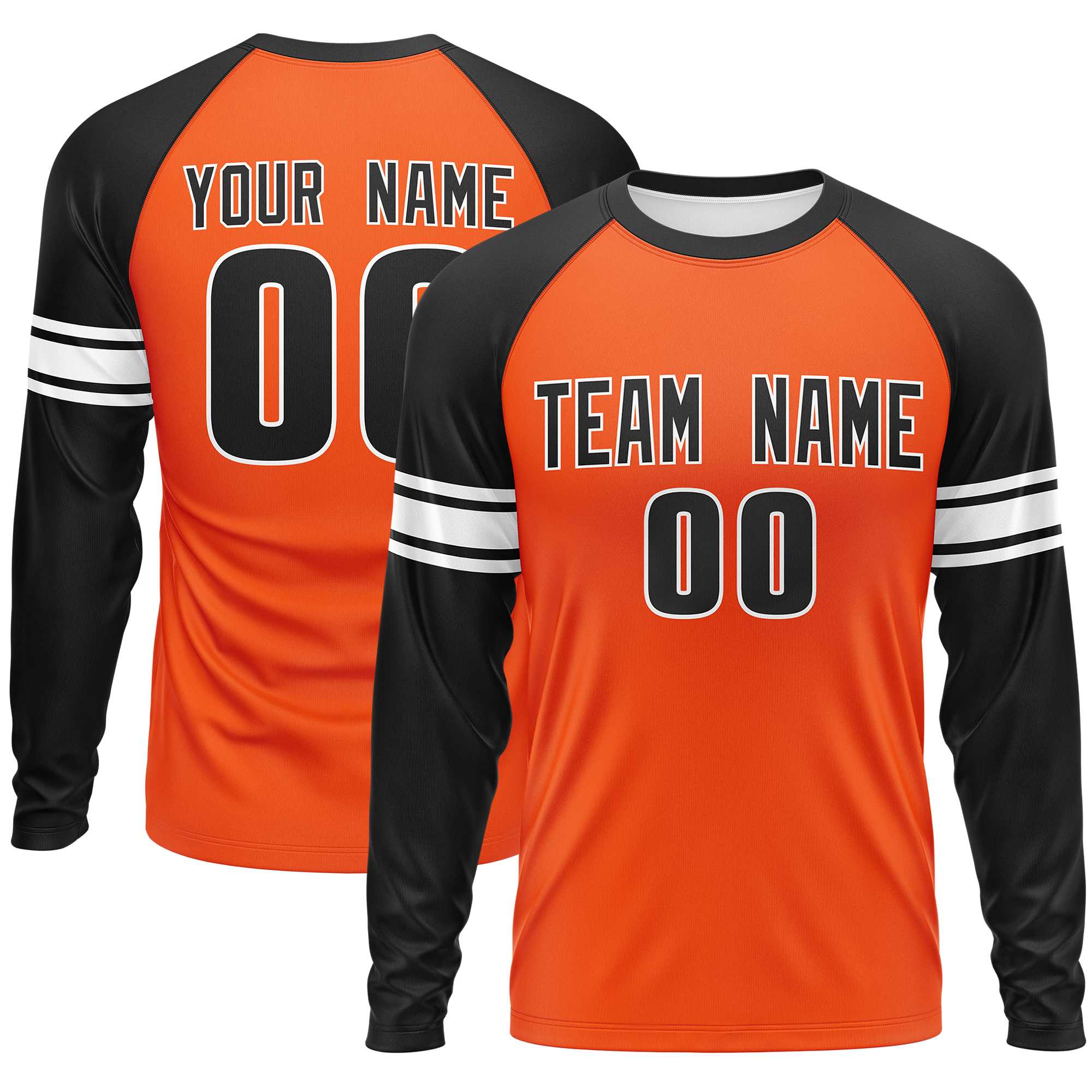 Custom Orange Black White Crew Neck Personalized Raglan Long Sleeve Performance T-shirt | KXKSHOP