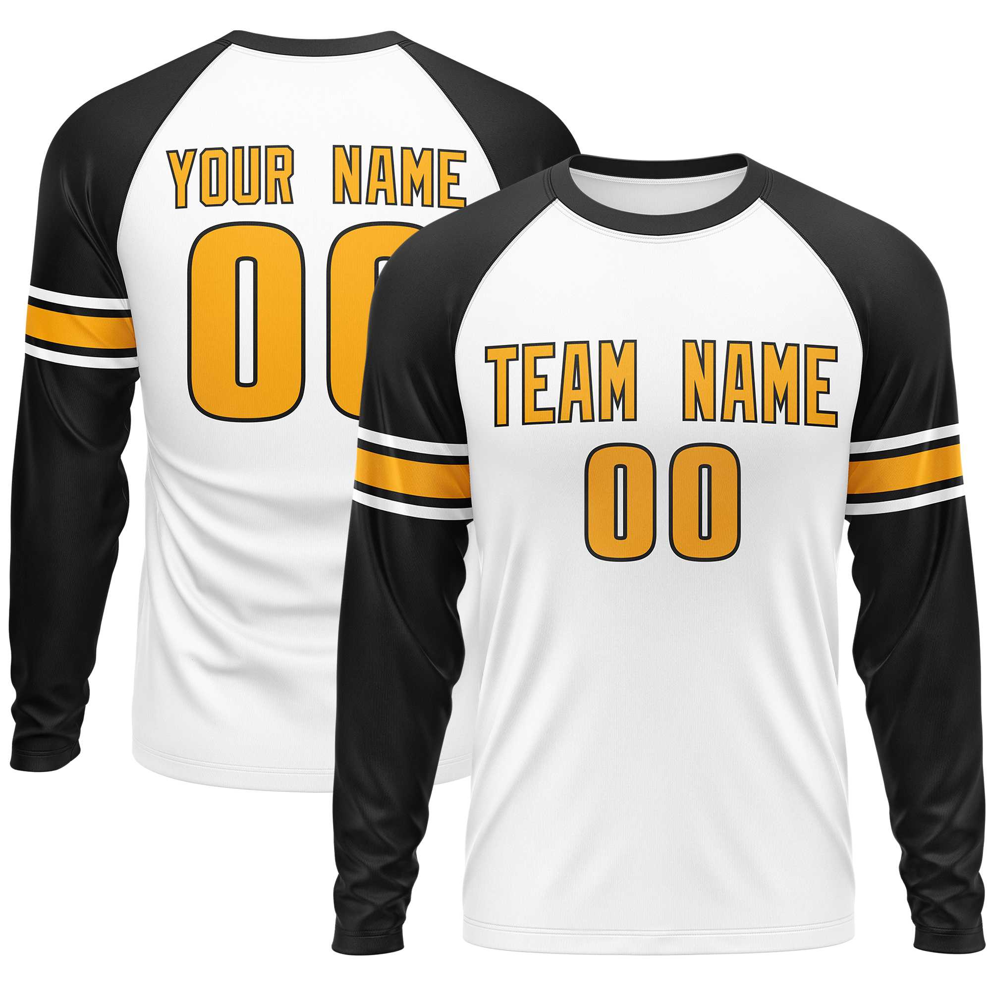 Custom White Black Yellow Crew Neck Personalized Raglan Long Sleeve Performance T-shirt | KXKSHOP