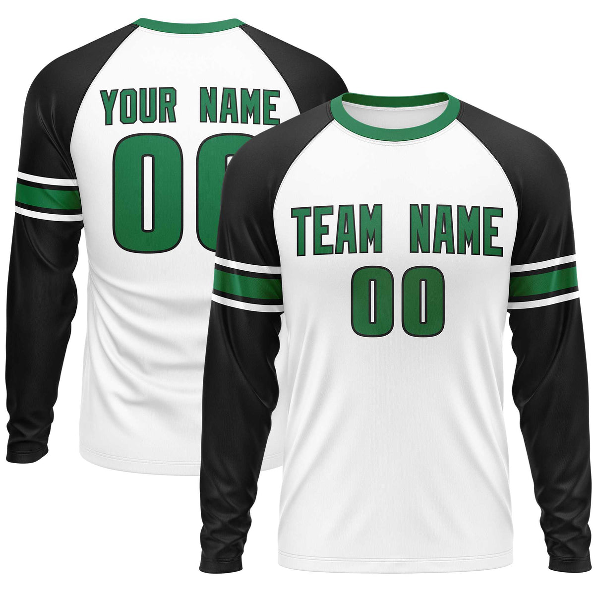 Custom White Black Kelly Green Crew Neck Personalized Raglan Long Sleeve Performance T-shirt | KXKSHOP