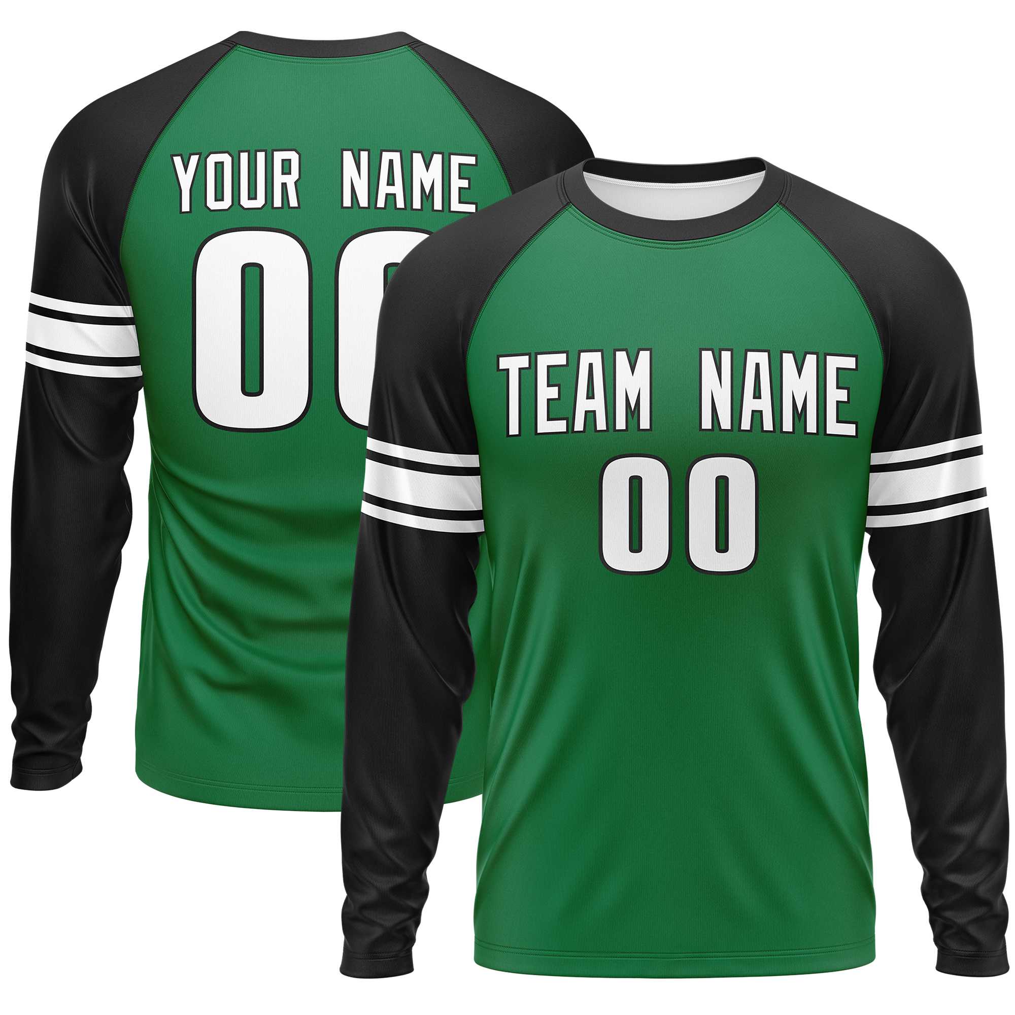 Custom Kelly Green Black White Crew Neck Personalized Raglan Long Sleeve Performance T-shirt | KXKSHOP
