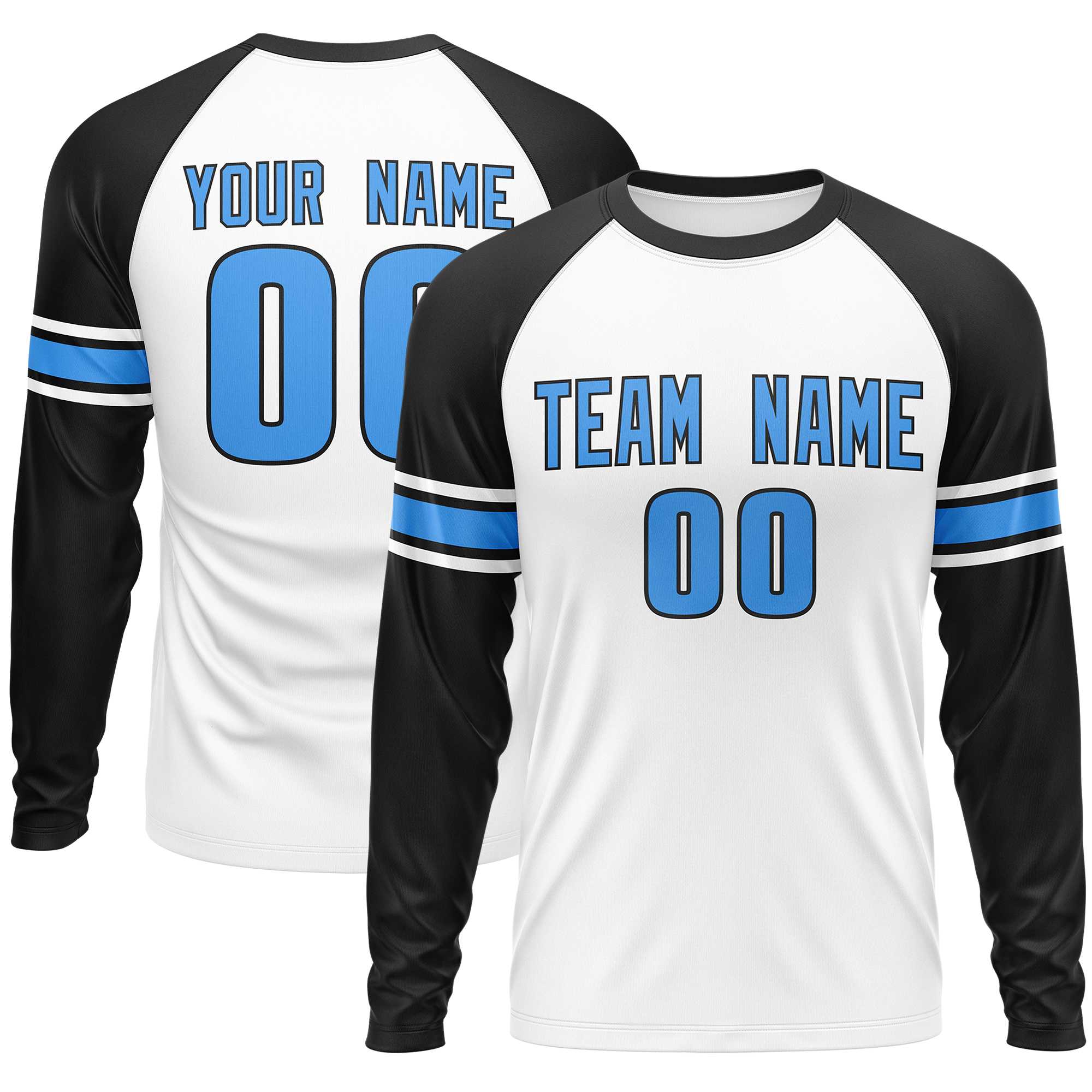 Custom White Black Powder Blue Crew Neck Personalized Raglan Long Sleeve Performance T-shirt | KXKSHOP