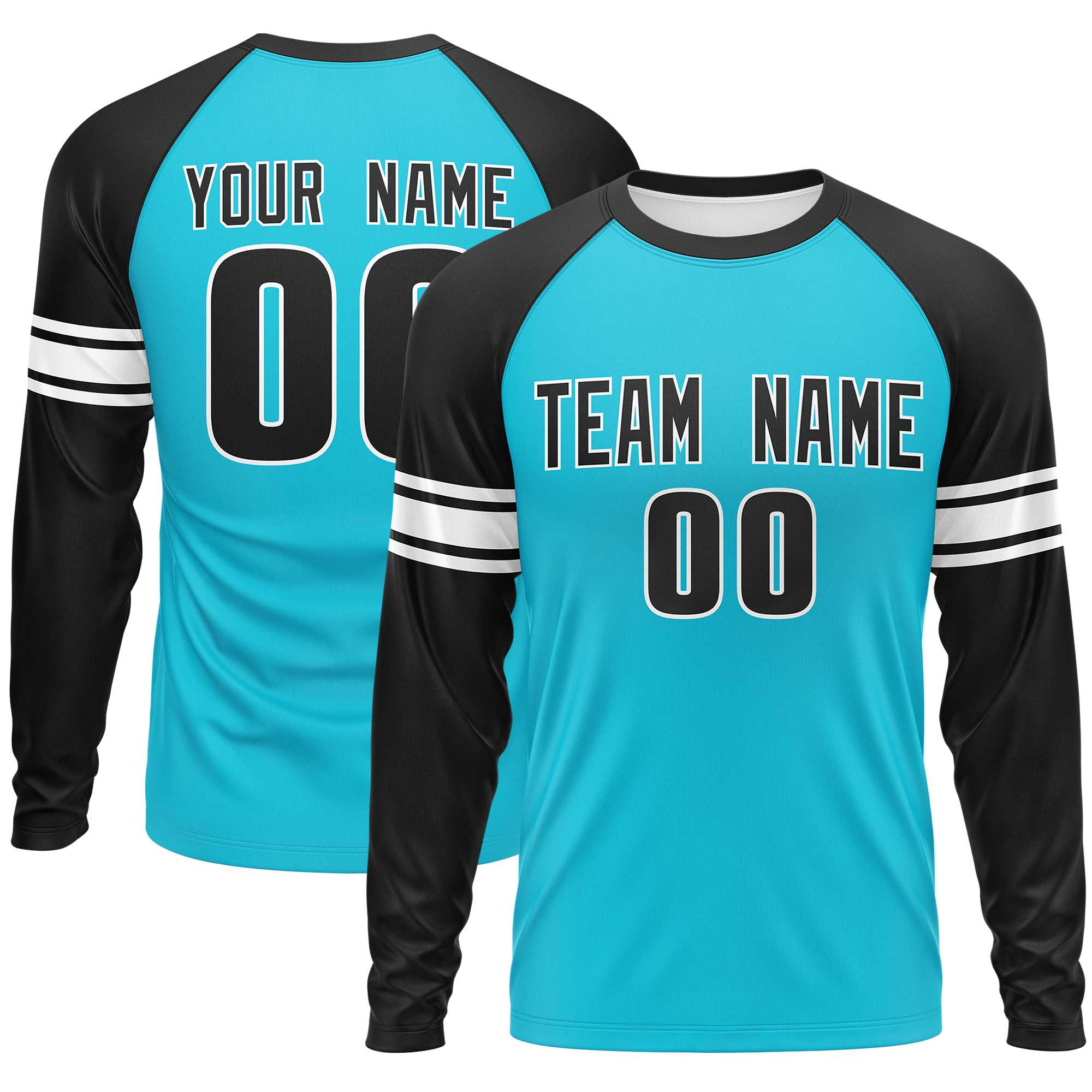 Custom Sky Blue Black White Crew Neck Personalized Raglan Long Sleeve Performance T-shirt | KXKSHOP