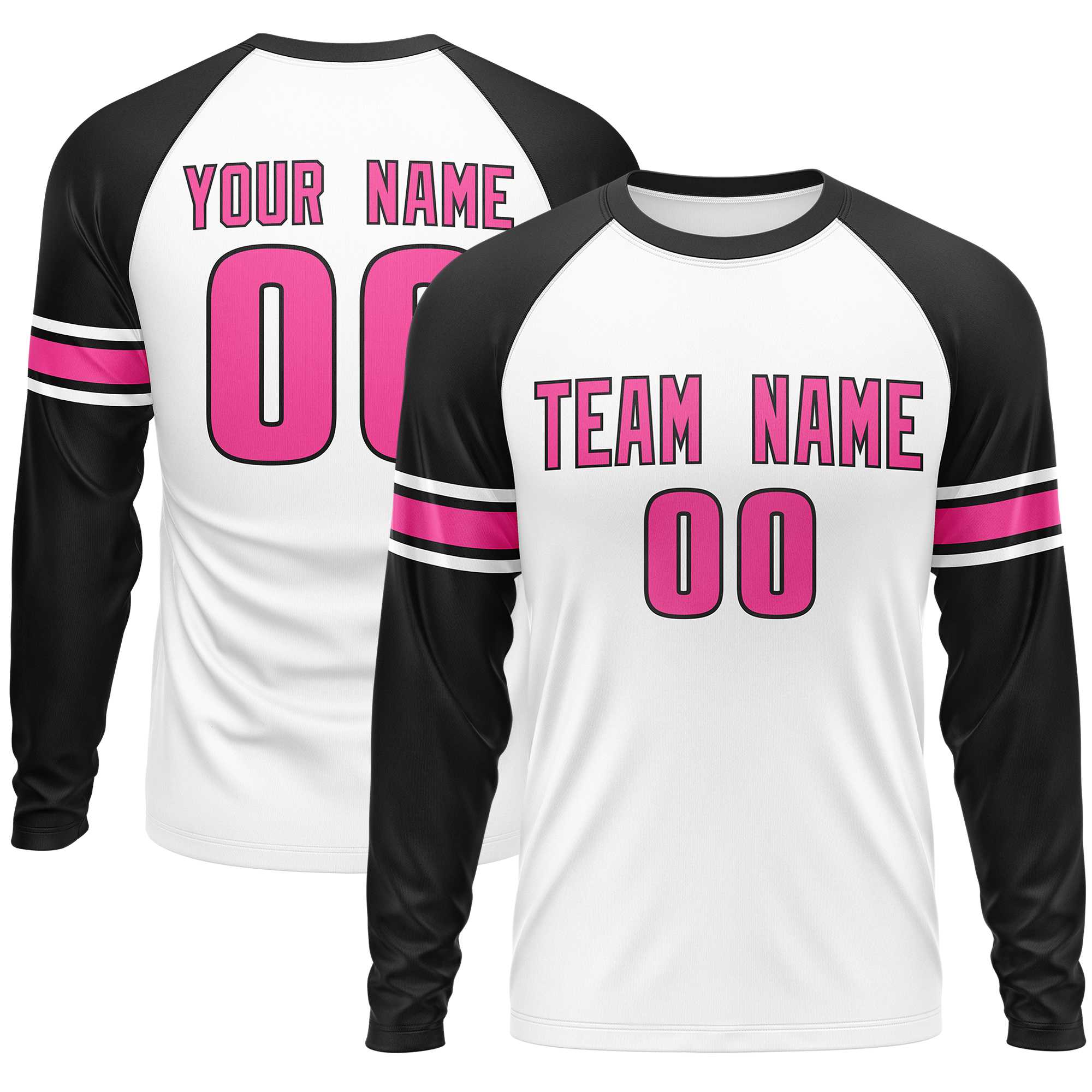 Custom White Black Pink Crew Neck Personalized Raglan Long Sleeve Performance T-shirt | KXKSHOP