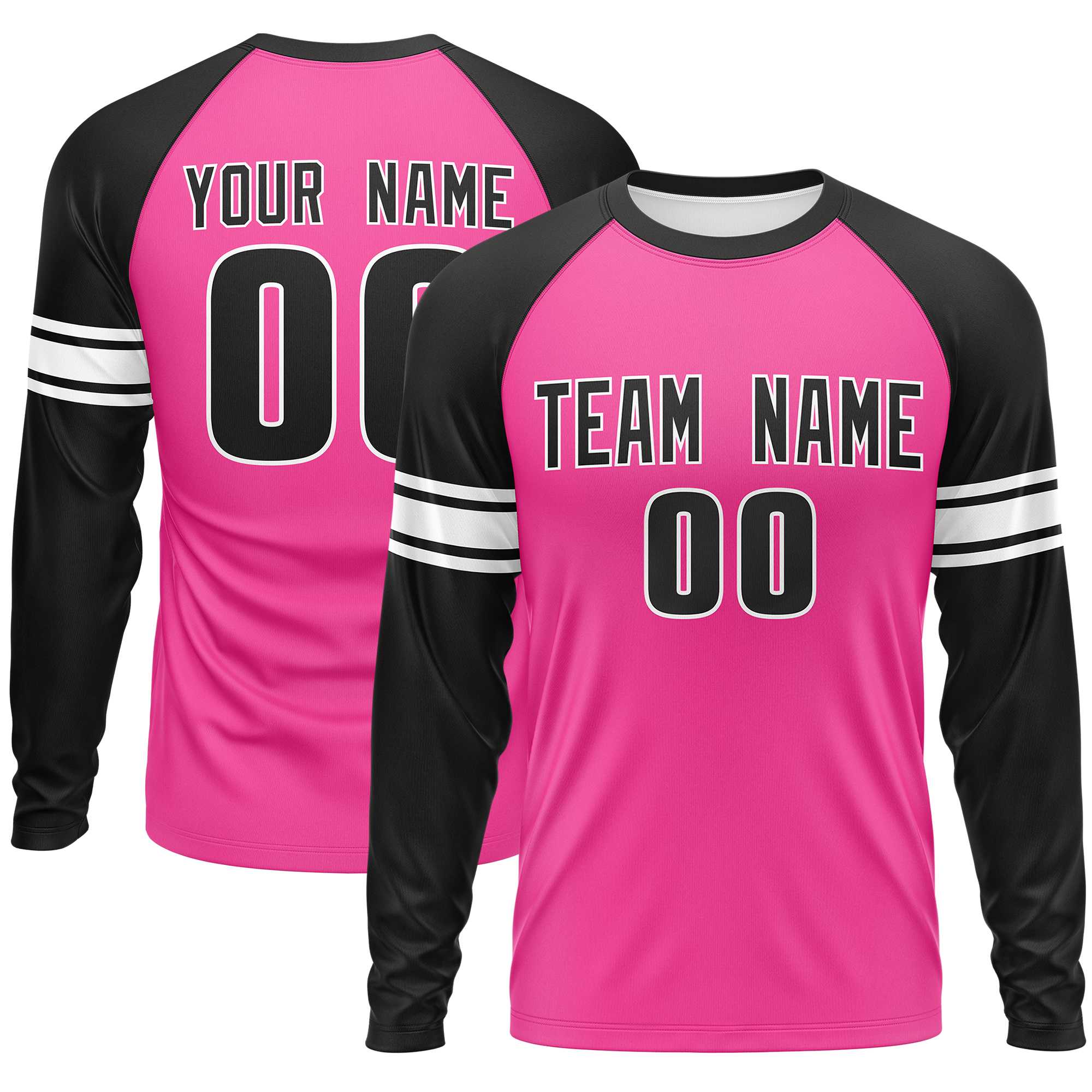 Custom Pink Black White Crew Neck Personalized Raglan Long Sleeve Performance T-shirt | KXKSHOP