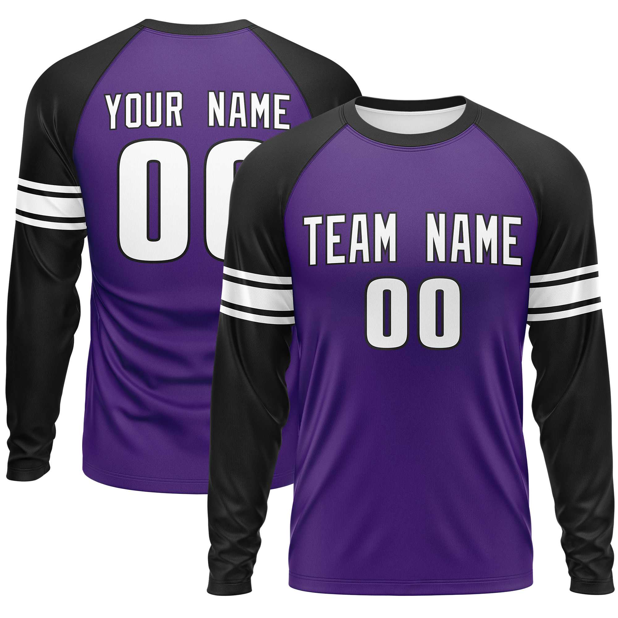 Custom Purple Black White Crew Neck Personalized Raglan Long Sleeve Performance T-shirt | KXKSHOP
