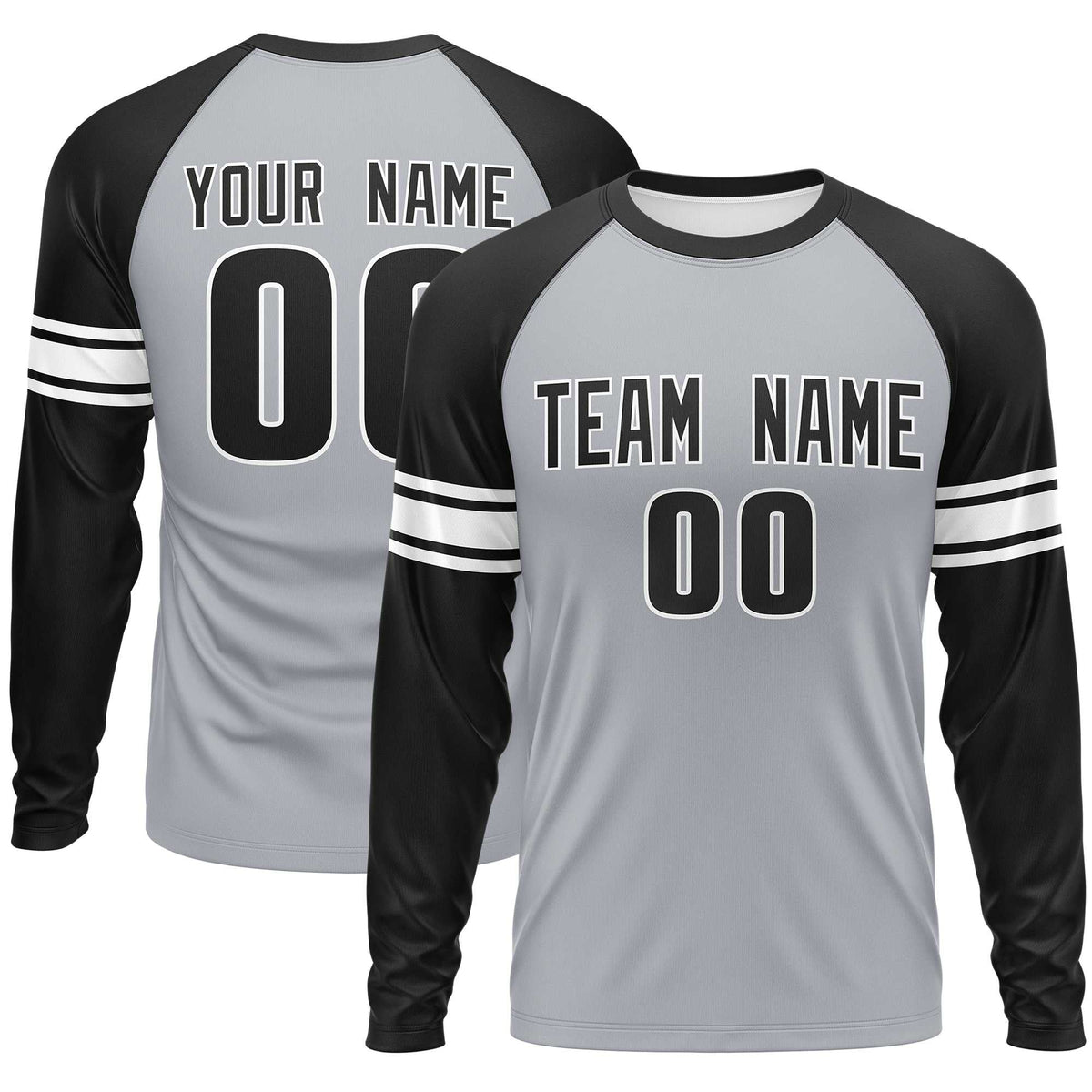 Custom Gray Black White Crew Neck Personalized Raglan Long Sleeve Performance T-shirt | KXKSHOP