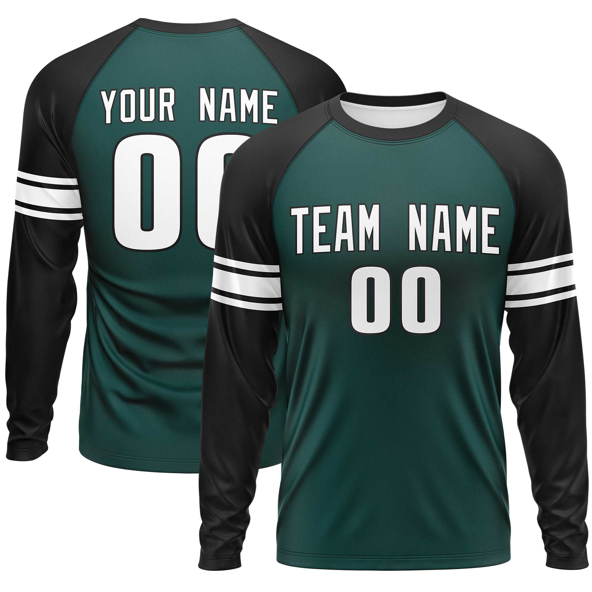 Custom Midnight Green Black White Crew Neck Personalized Raglan Long Sleeve Performance T-shirt | KXKSHOP