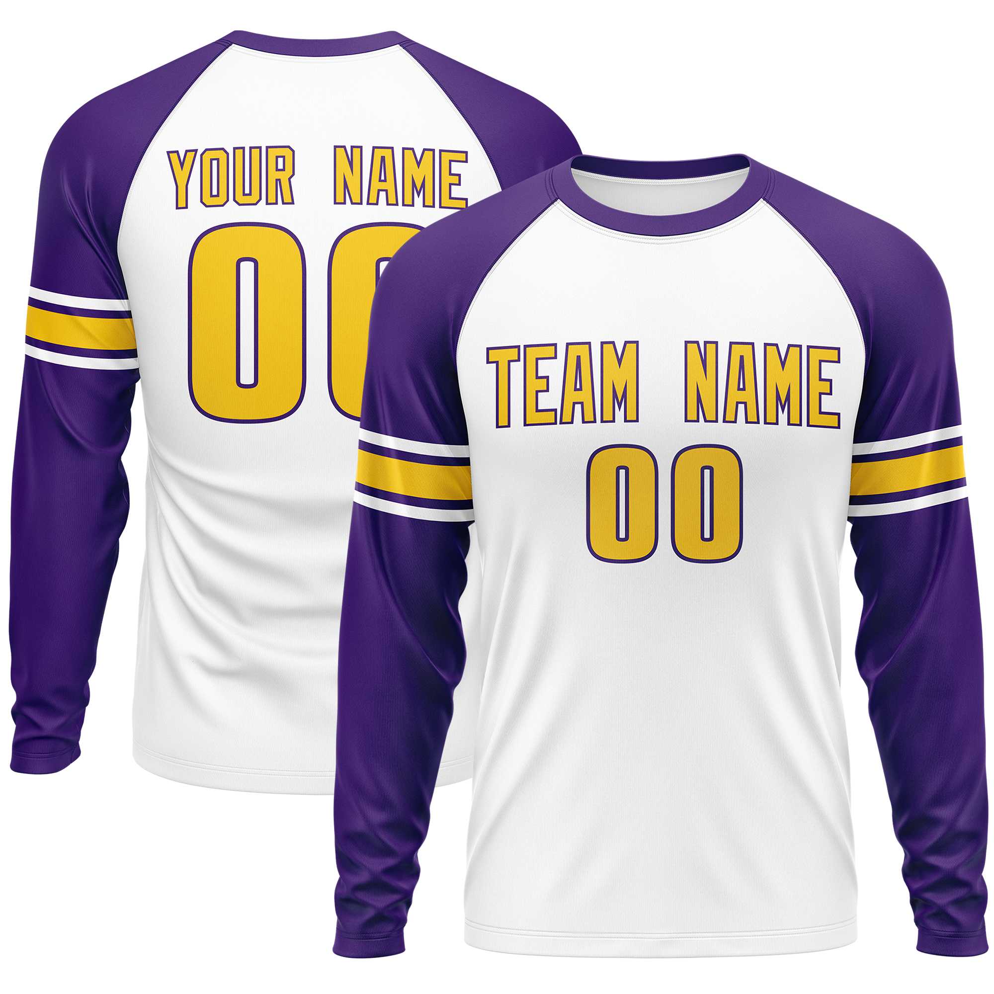 Custom White Purple Gold Crew Neck Personalized Raglan Long Sleeve Performance T-shirt | KXKSHOP
