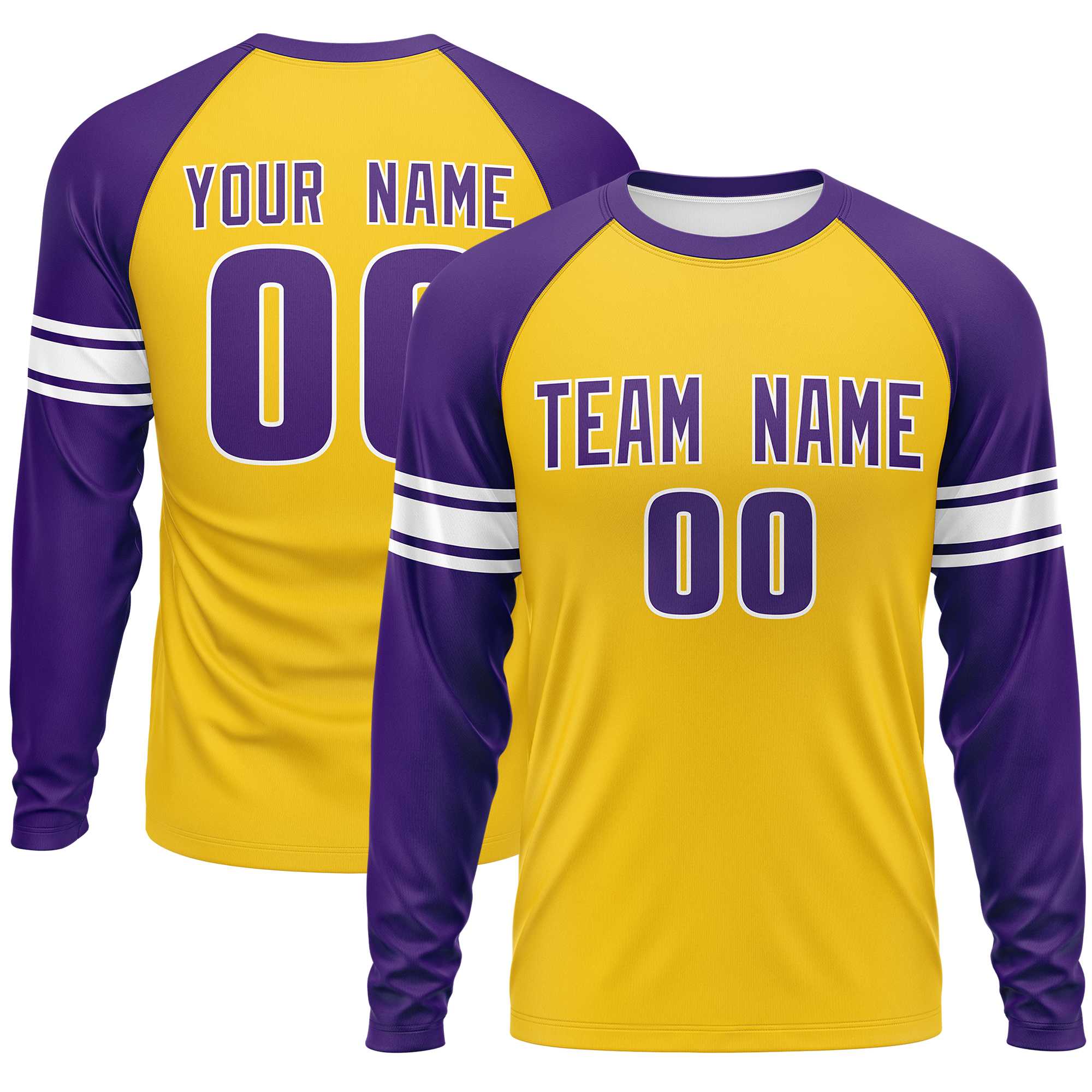 Custom Gold Purple White Crew Neck Personalized Raglan Long Sleeve Performance T-shirt | KXKSHOP