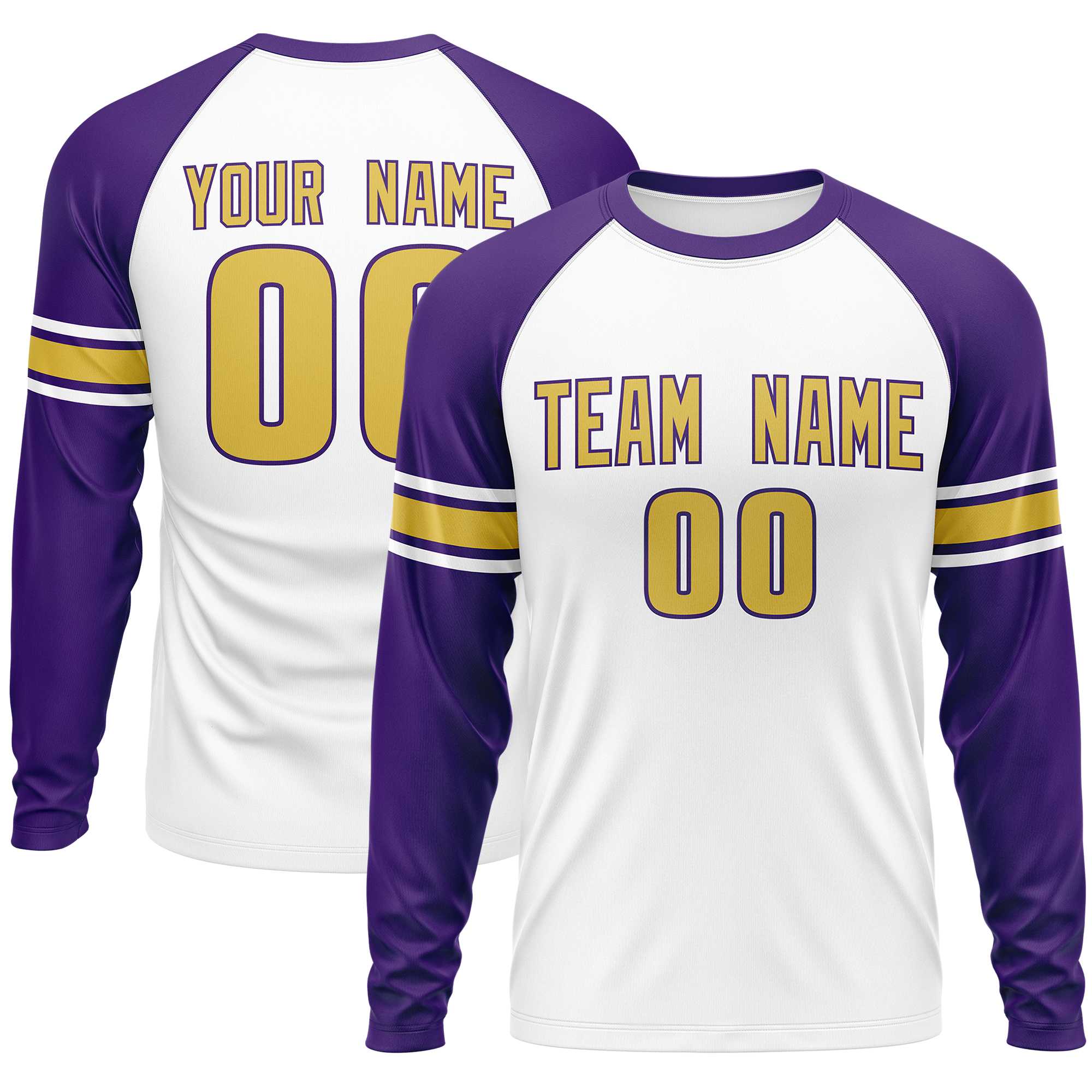 Custom White Purple Old Gold Crew Neck Personalized Raglan Long Sleeve Performance T-shirt | KXKSHOP