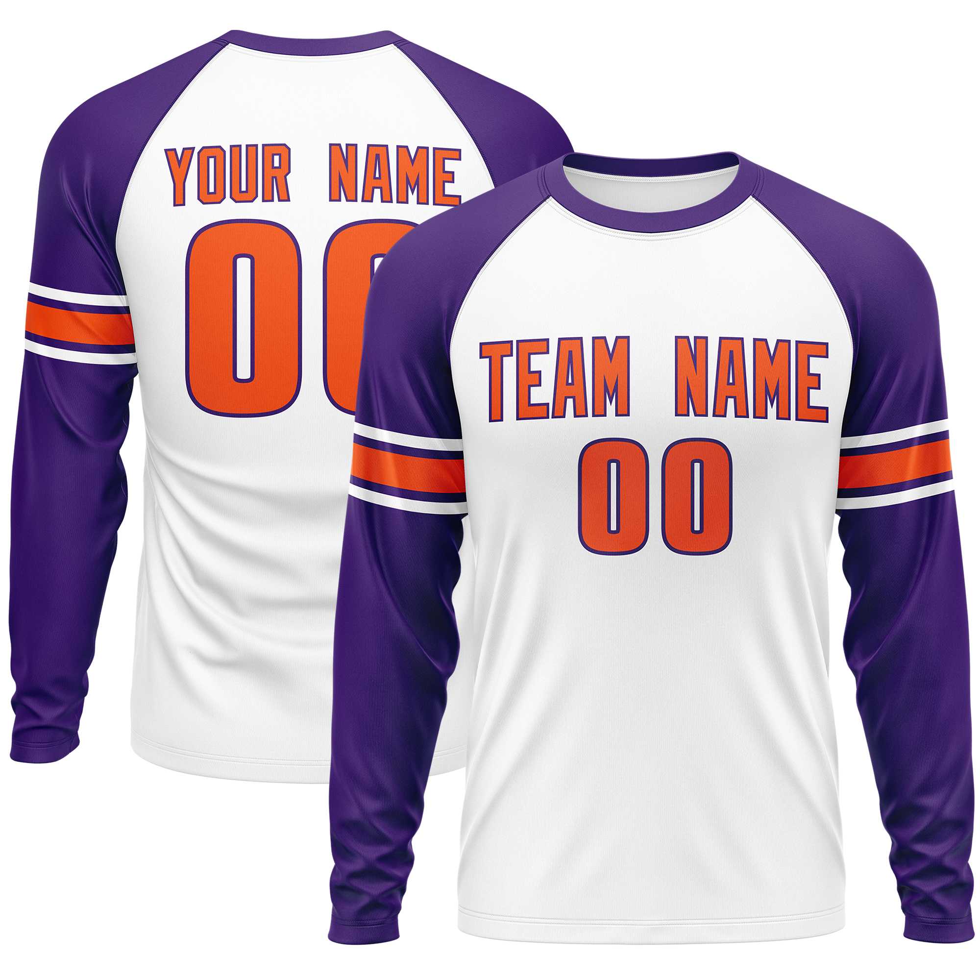 Custom White Purple Orange Crew Neck Personalized Raglan Long Sleeve Performance T-shirt | KXKSHOP