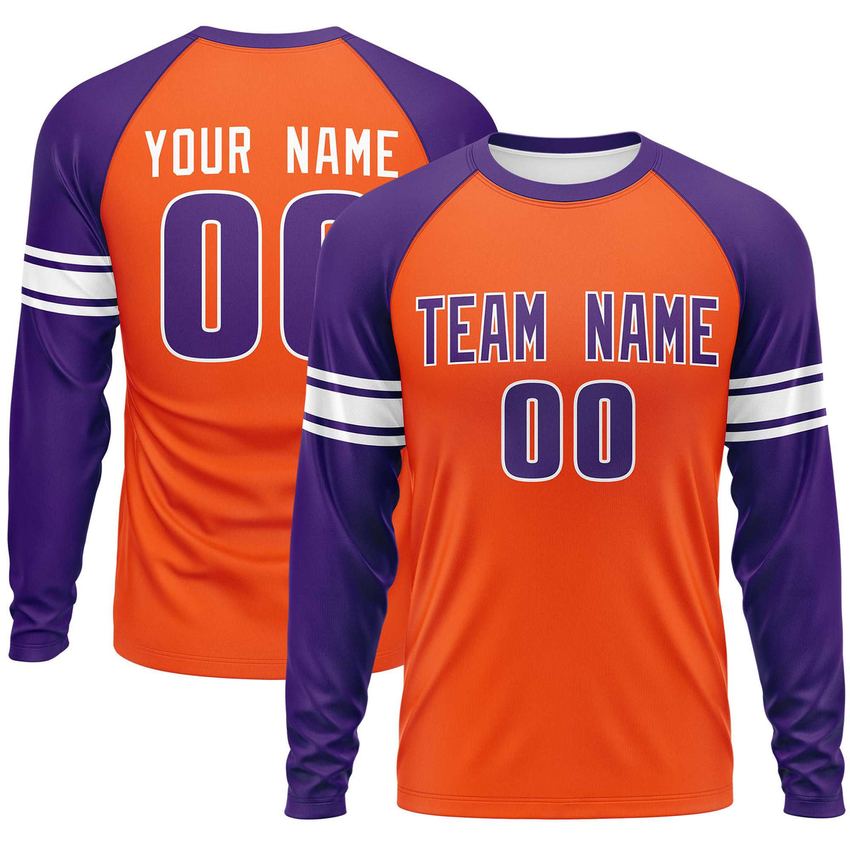 Custom Orange Purple White Crew Neck Personalized Raglan Long Sleeve Performance T-shirt | KXKSHOP