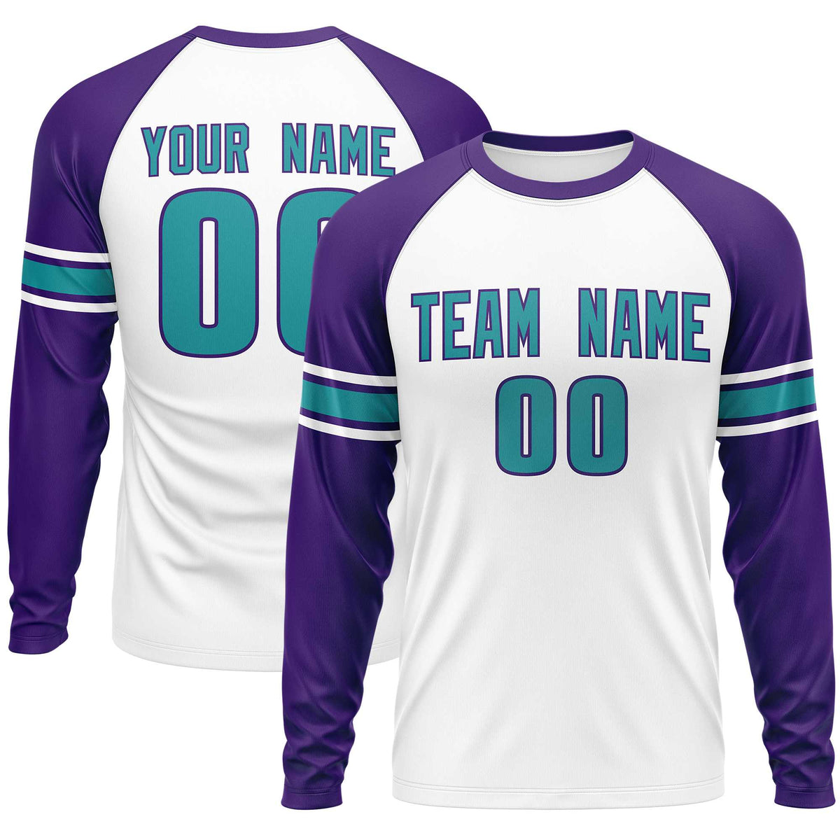 Custom White Purple Aqua Crew Neck Personalized Raglan Long Sleeve Performance T-shirt | KXKSHOP