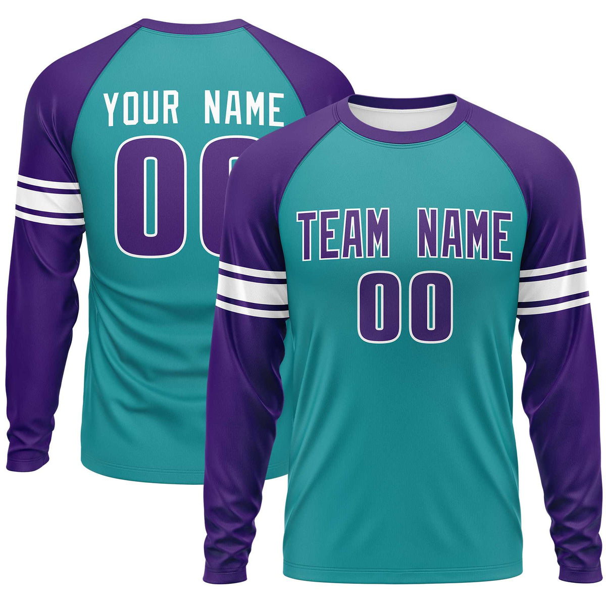 Custom Aqua Purple White Crew Neck Personalized Raglan Long Sleeve Performance T-shirt | KXKSHOP