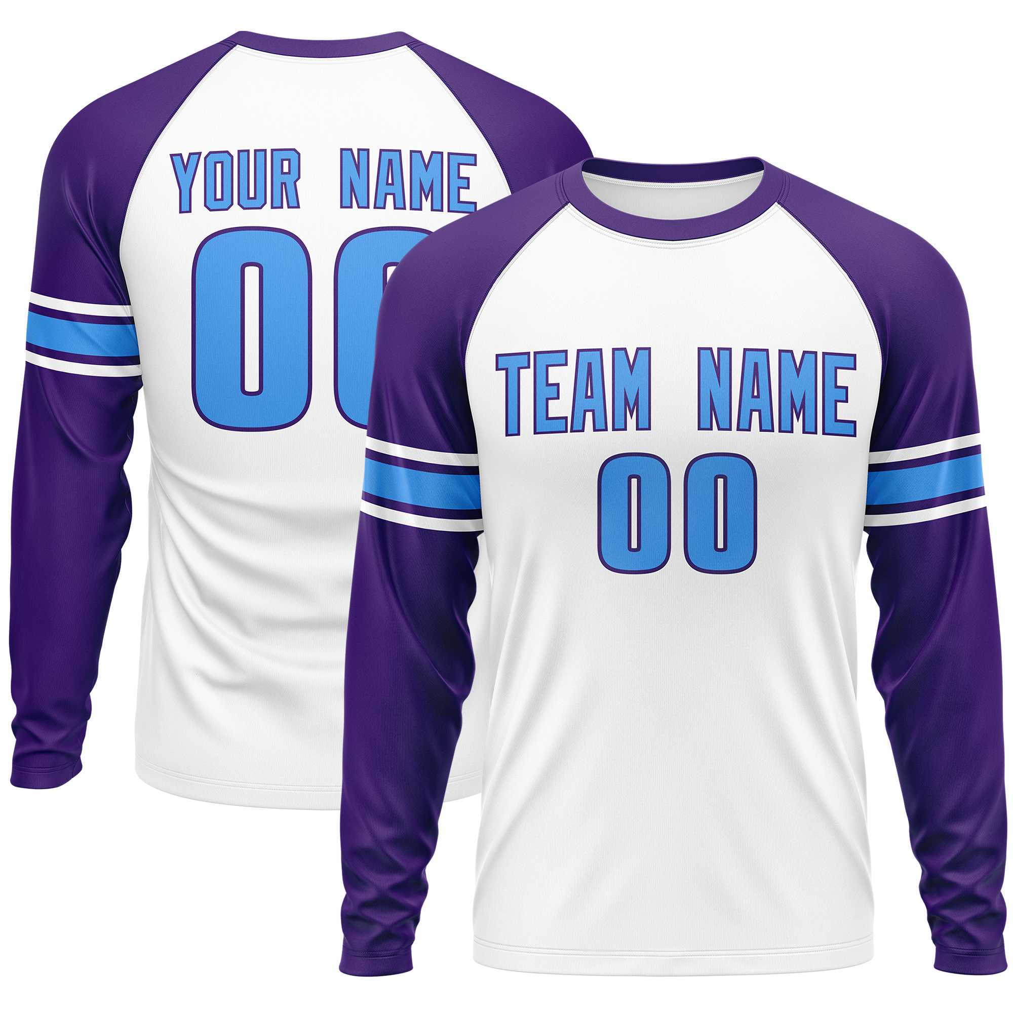 Custom White Purple Powder Blue Crew Neck Personalized Raglan Long Sleeve Performance T-shirt | KXKSHOP