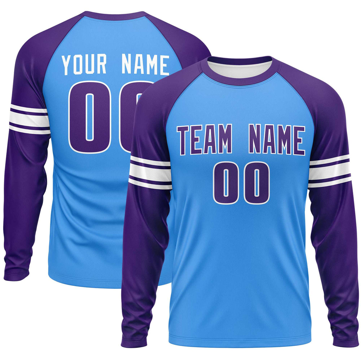 Custom Powder Blue Purple White Crew Neck Personalized Raglan Long Sleeve Performance T-shirt | KXKSHOP