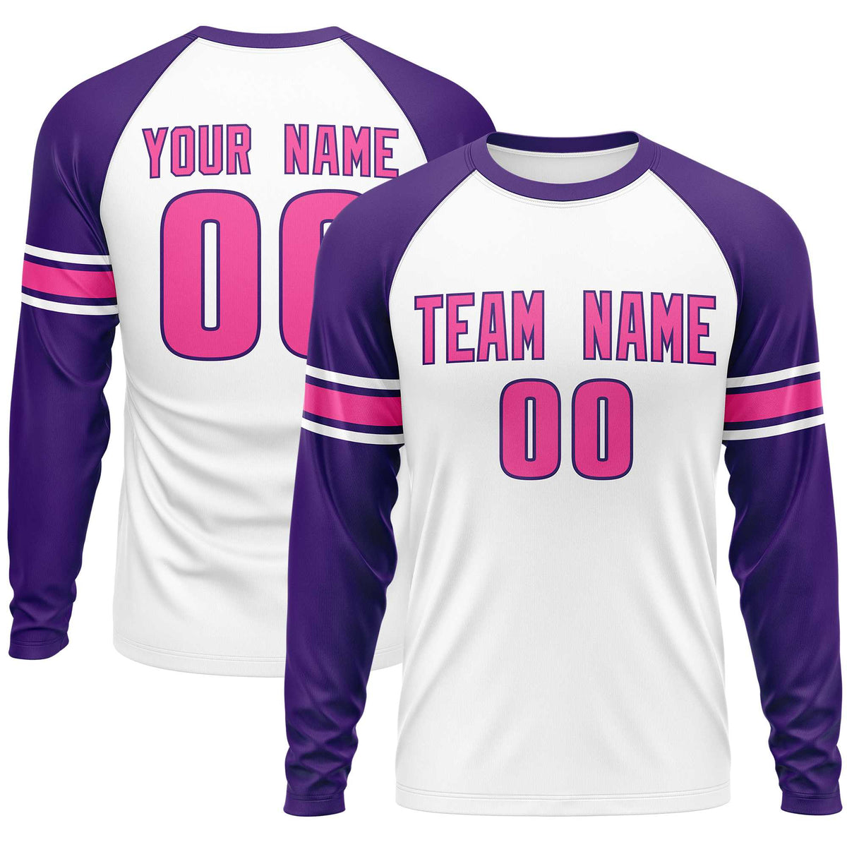 Custom White Purple Pink Crew Neck Personalized Raglan Long Sleeve Performance T-shirt | KXKSHOP