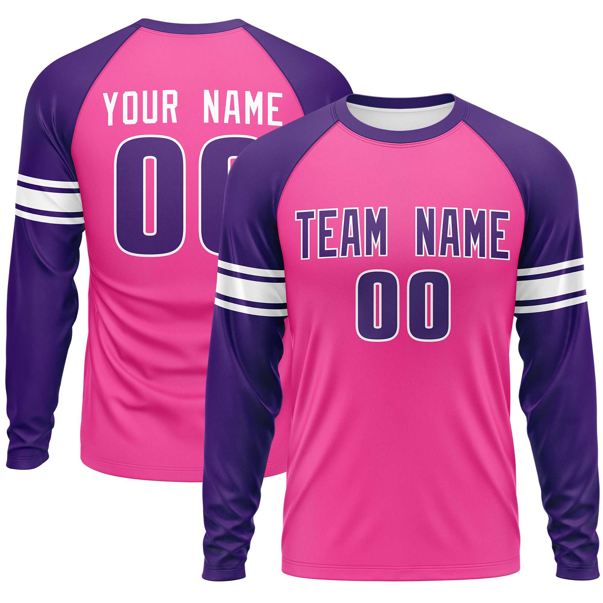 Custom Pink Purple White Crew Neck Personalized Raglan Long Sleeve Performance T-shirt | KXKSHOP