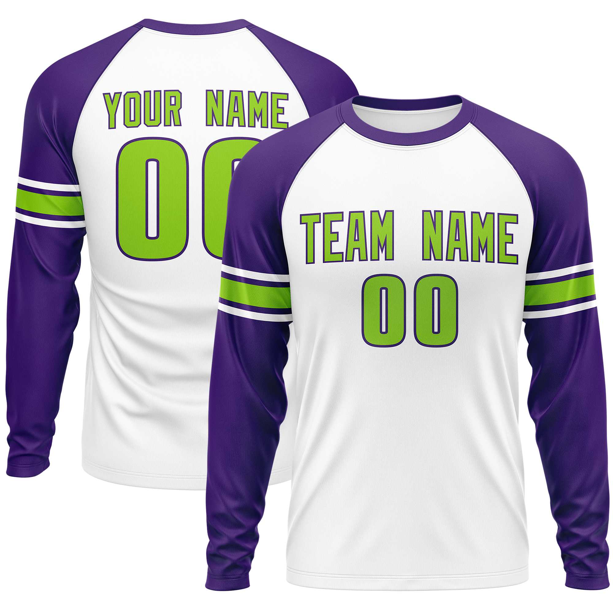 Custom White Purple Neon Green Crew Neck Personalized Raglan Long Sleeve Performance T-shirt | KXKSHOP