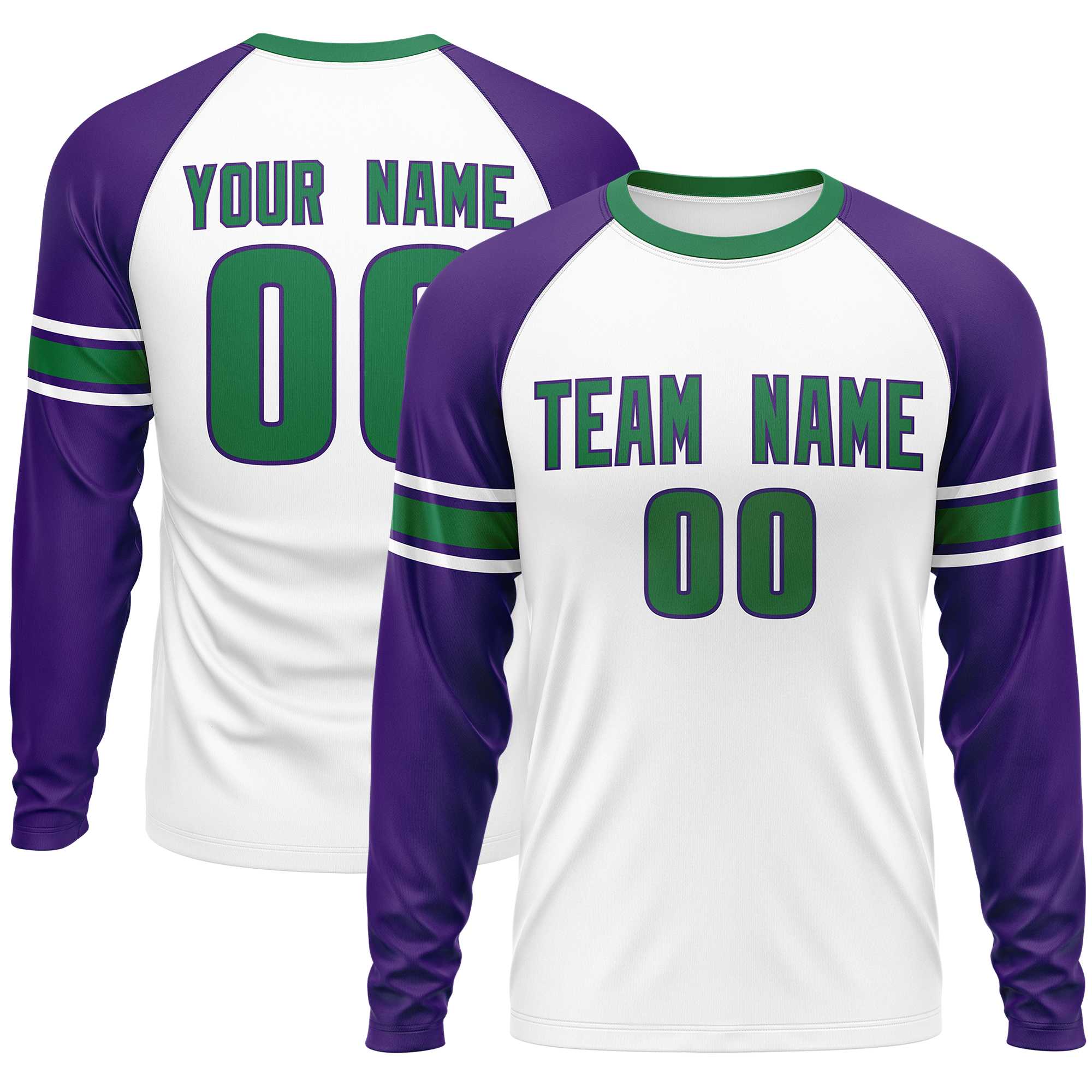 Custom White Purple Kelly Green Crew Neck Personalized Raglan Long Sleeve Performance T-shirt | KXKSHOP