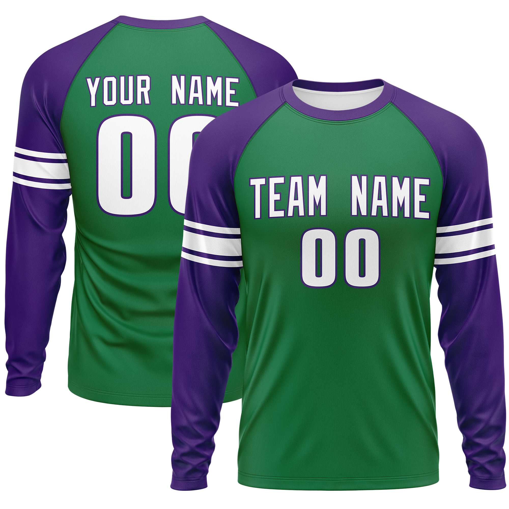 Custom Kelly Green Purple White Crew Neck Personalized Raglan Long Sleeve Performance T-shirt | KXKSHOP