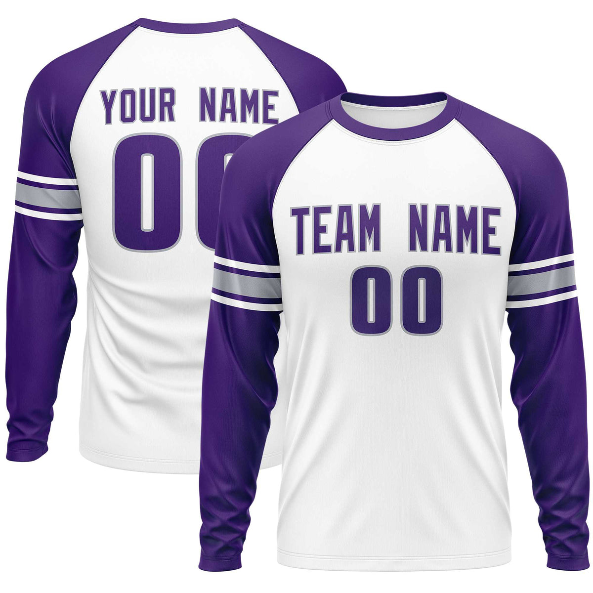 Custom White Purple Gray Crew Neck Personalized Raglan Long Sleeve Performance T-shirt | KXKSHOP