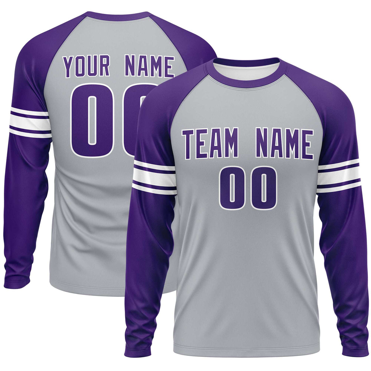 Custom Gray Purple White Crew Neck Personalized Raglan Long Sleeve Performance T-shirt | KXKSHOP
