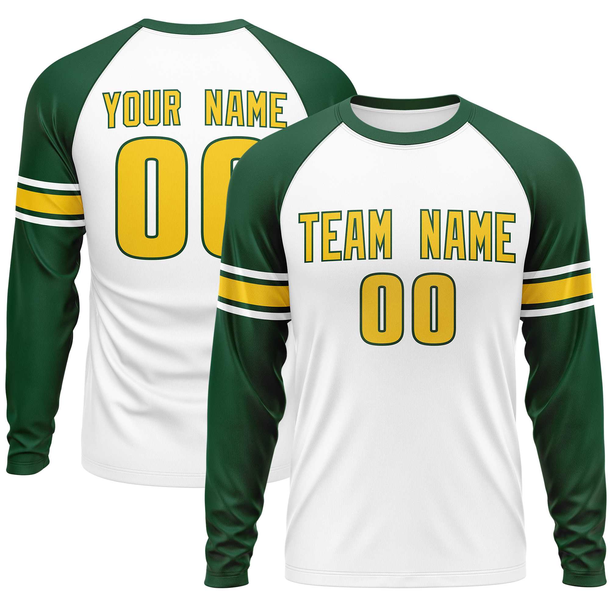 Custom White Green Gold Crew Neck Personalized Raglan Long Sleeve Performance T-shirt | KXKSHOP