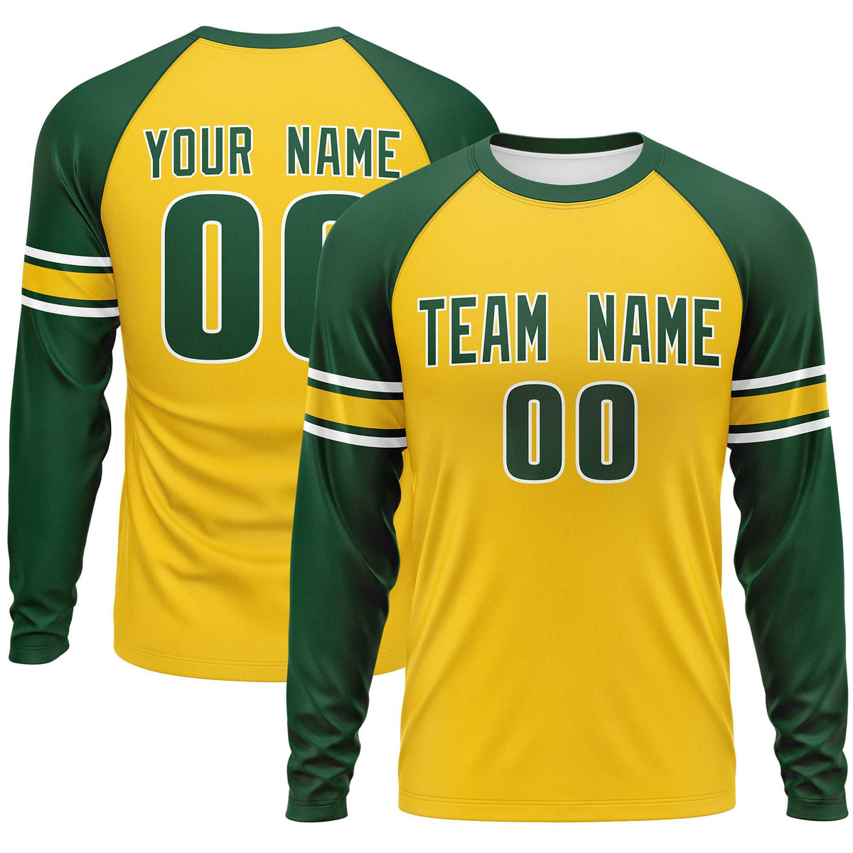 Custom Gold Green White Crew Neck Personalized Raglan Long Sleeve Performance T-shirt | KXKSHOP