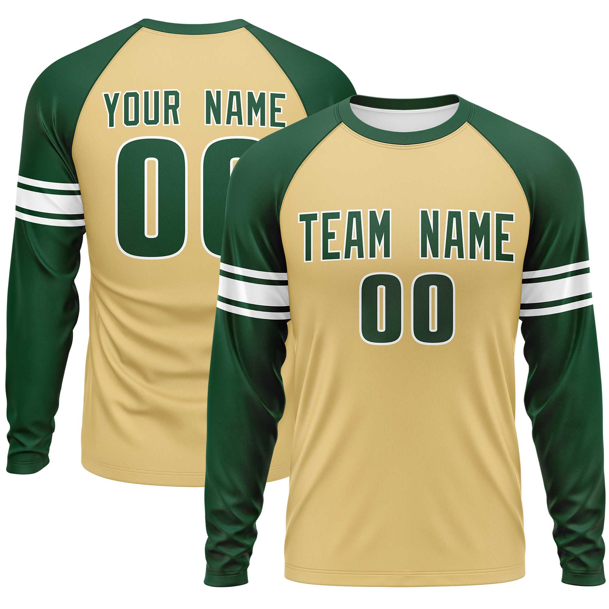 Custom Khaki Green White Crew Neck Personalized Raglan Long Sleeve Performance T-shirt | KXKSHOP